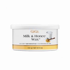 The front side of a 5 ounce can of GiGi Milk & Honee Wax with its lid in place