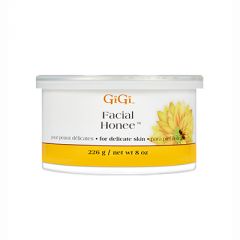 Front view of an 8 ounce can of GiGi Facial Honee Soft Wax with its lid on