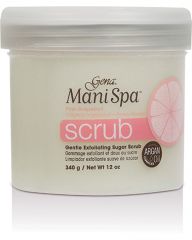 Closeup of Gentle Exfoliating Sugar Scrub for hands, nails, and cuticles from Gena in a 12-ounce capped canister