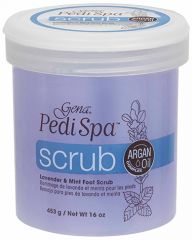 3D perspective of Gena Pedi Spa Scrub in 16-ounce bottle with printed graphics and product detail