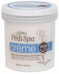 Close frontage of a capped Gena Pedi Spa Crème with 14 ounce plastic canister with twist cap cover