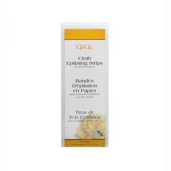 Tall rectangle packaging of GiGi Cloth Epilating Strips with text design