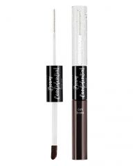 A dual applicator gel and powder tool next to a capped bottle of Dark Brown Ardell Brow Duo