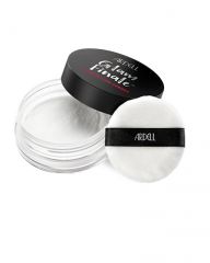 Uncapped face powder of Ardell Beauty Glam Finale Loose setting powder beside its powder foam leaning on its lid