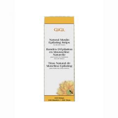 Expansive view of the frontal image of GiGi Natural Muslin Epilating Strips pack with three different language