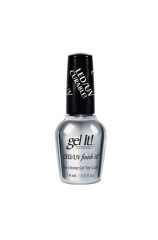 A 0.5 ounce front facing glass bottle of EzFlow Finish It! LED/UV nail gel topped with its twist brush cap