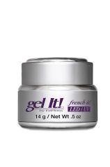 A capped short round 0.5 ounce tub of EzFlow Gel It!  French It! LED/UV facing forward printed with product details