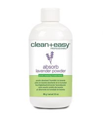 Front view of Clean + Easy Absorb Lavender Powder Pre Waxing Treatment in 3.5-ounce capped bottle