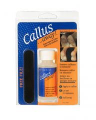 Front view of Callus Away with File in its retail wall hook packaging printed with product name, details, & illustrations