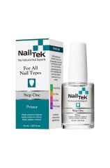 A 0.5 ounce bottle of Nail Tek Step One primer with white brush cap next with retail box that shows product descriptions