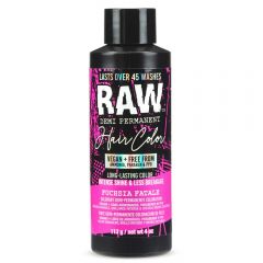A black 4-ounce bottle of Punky Raw Demi-Permanent Hair Color Fuschia Fatale with multicolored Fushcia themed label 