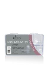 Comprehensive illustration of 100-count EzFlow Glass Leisure Tips in Crystal Clear variant with printed label text