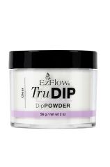 A clear 2 ounce glass container of EzFlow TruDIP Clear Powder facing forward with printed product label