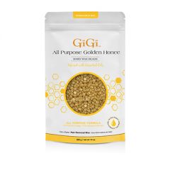 Front view of GiGi All Purpose Golden Honee Wax Beads pouch packaging with window showing gold colored wax beads