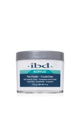 A clear 4-ounce container of ibd Flex Crystal Clear Powder featuring product label with name & information