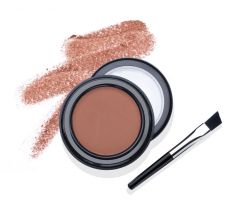 Open container of Ardell Brow Powder Taupe with cover and applicator brush, swatched on the background to feature its color
