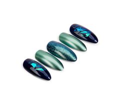 an almond shape nails laid in 45 degree angle view of Ardell Nail Addict Artificial Nail in Green Glitter Chrome variant