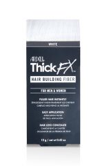 Thick FX Hair Building Fibers - White retail box with printed product details in three different laguages