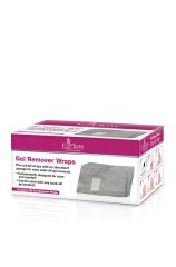 Three-dimensional illustration of EzFlow Gel Remover Pre-cut foil wraps with product label and information