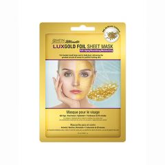 Front view of a single gold of Satin Smooth LUXGold Foil Sheet Mask sterile foil packet packaging