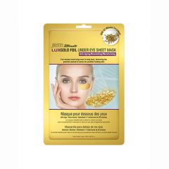 Front view of a single gold Satin Smooth LUXGold Foil Undereye Sheet Mask sterile foil packet packaging