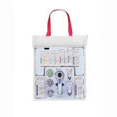 Front view of a transparent Satin Smooth Professional Skin Care Starter Kit bag showing included skin care tools & products