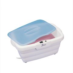 Satin Smooth Paraffin Wax Spa with blue lid partially uncovered featuring fully melted light pink wax in wax well 