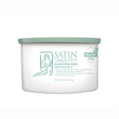 Front view of a 14 ounce can of Satin Smooth Aloe Vera Wax with its light green lid on