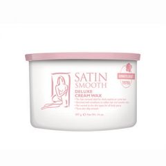 Front view of a 14 ounce can of Satin Smooth Deluxe Cream Wax with its rose pink lid on