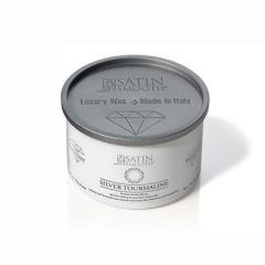Tilted front view of a 14 ounce can of Satin Smooth Silver Tourmaline Wax with its silver lid on