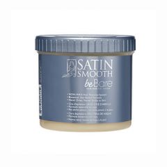 A 16 ounce jar of Satin Smooth beBare Hair Removal System Soy Wax with its metallic blue lid on