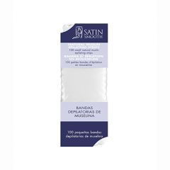 Front view of Satin Smooth Small Muslin Epilating Strips retail packaging with product information