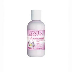 Front view of a Satin Smooth Satin Hydrate Skin Nourisher 4 ounce bottle featuring its light pink moisturizer contents