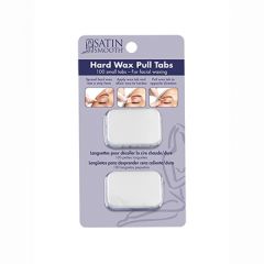 2 stacks of Satin Smooth Small Waxing Tabs arranged vertically in its retail packaging featuring a visual usage guide 