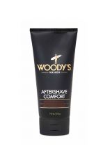 Front view of Woody's Aftershave Comfort squeeze tube container printed with brand markings and product details