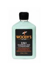Front view of a 12 fluid ounce bottle of Woody's 2-N-1 Shampoo Conditioner showing its shape, product label, and black cap.