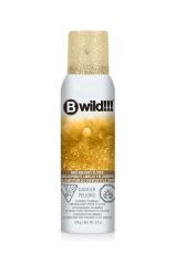 A 3.5 ounce spray can of B Wild Hair & Body Glitter Gold with illustrated label & frosted gold glitter cap