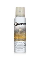 Front view of a 3.5 ounce spray bottle of B Wild Hair & Body Glitter Gold/Silver with gold frosted cap & gold/silver specks