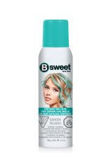 A 3.5 ounce spray can of B Sweet Temporary Hair Color Spray Perfectly Peacok with a pastel blue green cap