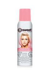 3.5 ounce spray can of B Sweet Temporary Hair Color Spray featuring model with pink highlights on label & a light pink cap