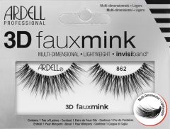 A pair of Ardell 3D Faux Mink 862 was placed into its retail packaging with features written on it