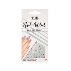 Front-facing of Ardell Nail Addict Decal Pretty in Pink wall-hook ready packaging with text in three different languages