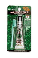 Clubman Moustache Wax Chestnut in retail wall hook packaging featuring squeeze tube wax container & mustache comb & brush