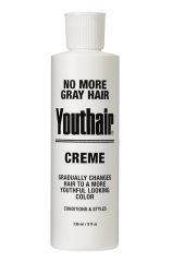 Front view of an 8 ounce round bottle of Youthair Creme featuring product name & information in black text