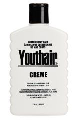 A white 8 ounce bottle of Youthair Creme with product name & information in black text featuring a black flip top cap