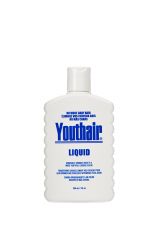Front view of a white 8 ounce flat bottle of Youthair featuring product name & information in blue text