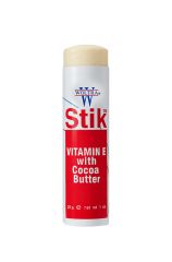An uncapped 1 ounce tube of Woltra Vitamin E Stik Cocoa Butter with exposed tip