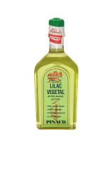 A clear 6 ounce bottle of Clubman Pinaud After Shave Lotion Lilac Vegetal showing its herbal green colored liquid contents