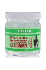 Front view of a transparent labelled 16 ounce tub containing Clubman Pinaud Superhold Styling Gel Clear