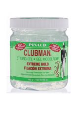 Front view of a 16 ounce jar of Clubman Pinaud Extreme Hold Styling Gel with detailed product description on label